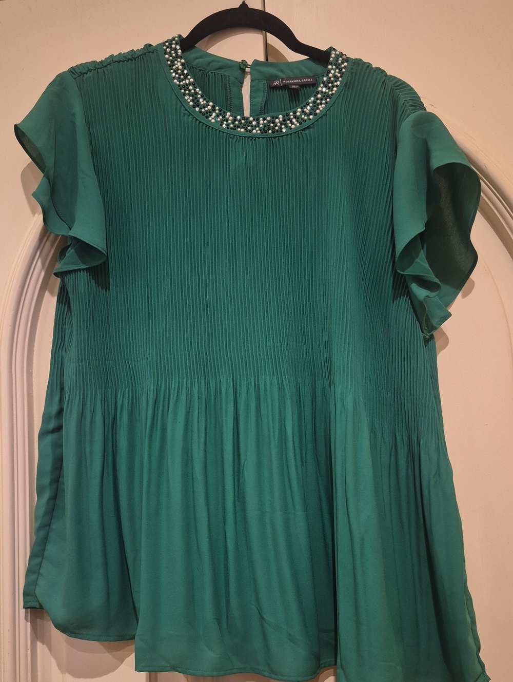 Adriana Papell Kelly Green Pleated Pearl-Trim Tunic